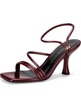 Women's Burgundy Faux Leather Strappy Square Open Toe Ankle Strap Heels Sandals